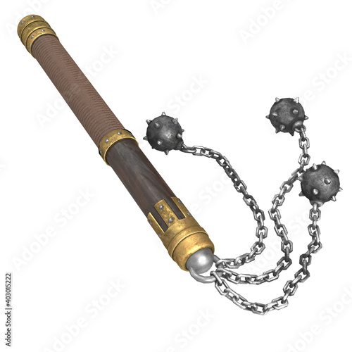 flail on a stick with metal balls, on an isolated white background. 3d illustration