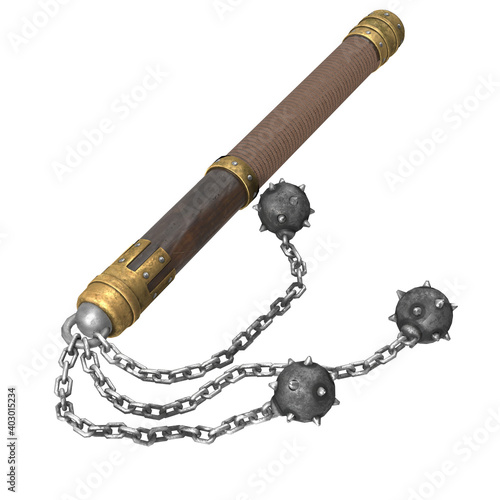 flail on a stick with metal balls, on an isolated white background. 3d illustration