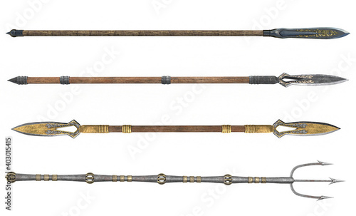 Photo collection long spear, weapon, on an isolated white background