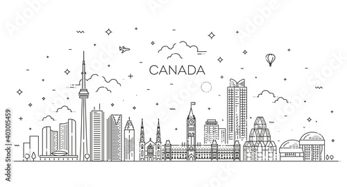Canada architecture line skyline illustration. famous landmarks