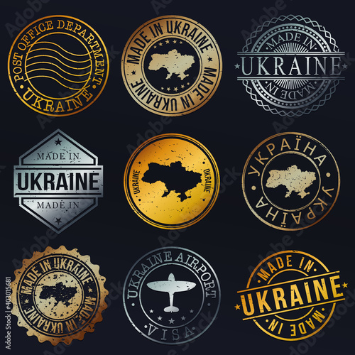 Ukraine Map Metal Stamps. Gold Made In Product Seal. National Logo Icon. Symbol Design Insignia Country.
