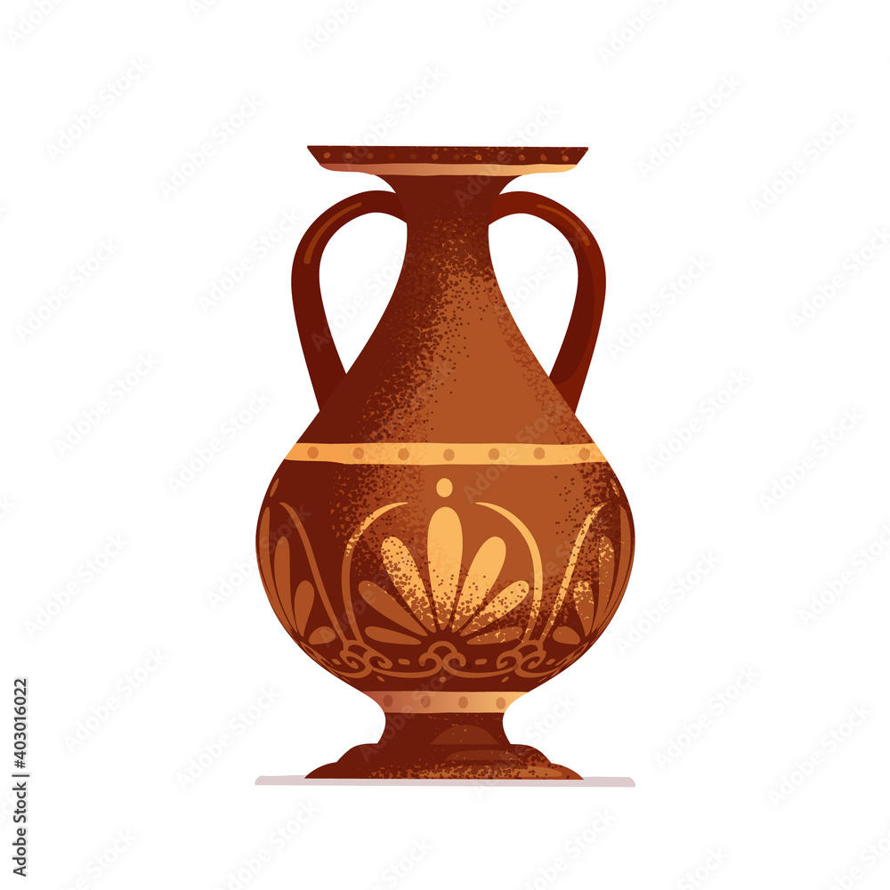 Ancient handmade greek vase. Colorful clay amphora. Traditional antique vessel isolated on white background. Vector flat illustration.