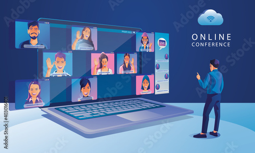Businessmen use Video conference landing Working People on window screen taking with colleagues. Videoconferencing and online meeting workspace page, man and woman learning Vector illustration, Flat