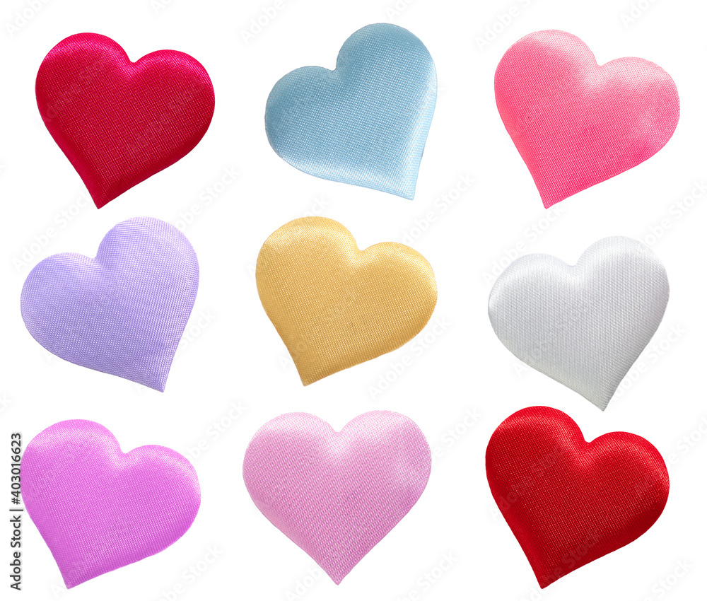 colorful fabric hearts isolated on white background