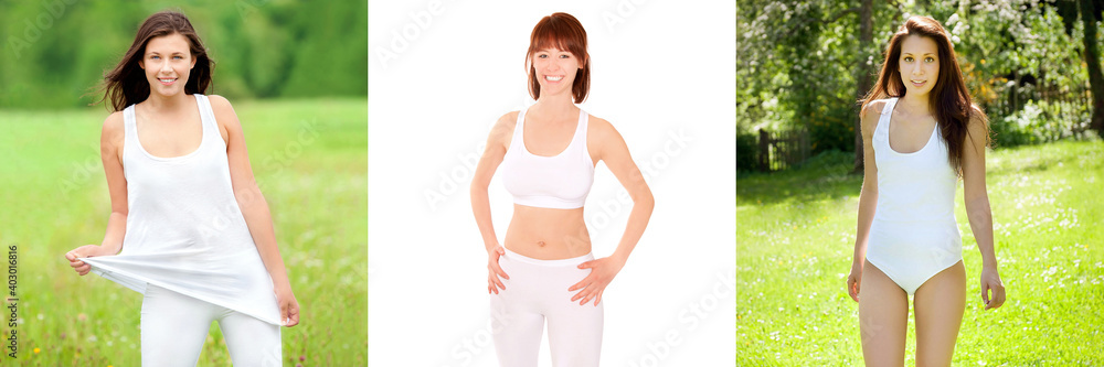 Three beautiful young women wearing white sportswear, two outdoor and one studio photo Three beautiful young women wearing white sportswear, two outdoor and one studio photo