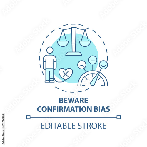 Bewaring confirmation bias concept icon. Fake news checking tip idea thin line illustration. Biased, misleading information. Vector isolated outline RGB color drawing. Editable stroke