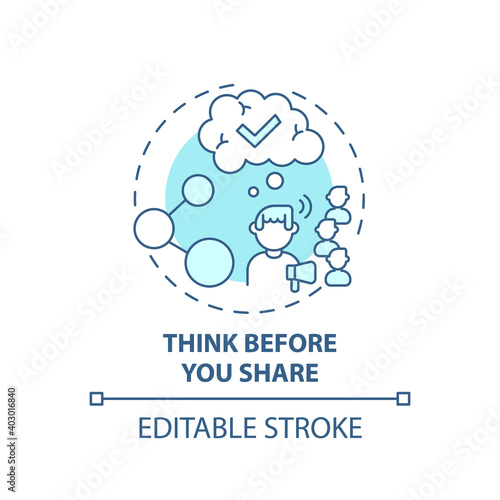 Thinking before sharing concept icon. Fake news checking tip idea thin line illustration. Making sensible judgement. Analyzing information. Vector isolated outline RGB color drawing. Editable stroke