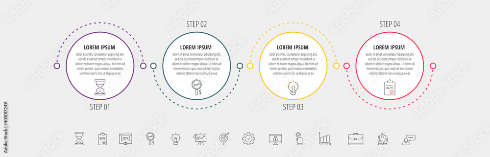 Circles vector line infographic with 4 step, icons. Timeline used for diagram, chart, workflow layout, presentations, flowchart, info graph, content, levels, chart, processes diagram Circles vector line infographic with 4 step, icons. Timeline used for diagram, chart, workflow layout, presentations, flowchart, info graph, content, levels, chart, processes diagram