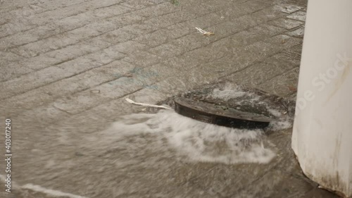 Sewage overflow during rain top view