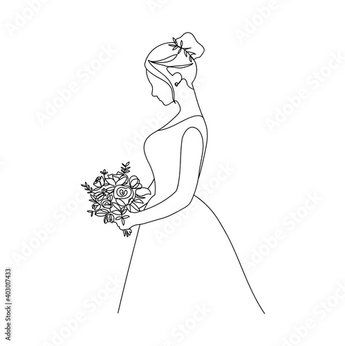 Beautiful bride holding a bouquet in continuous line drawing style. One line bride silhouette side view on white background. continuous line hand drawn vector illustration.