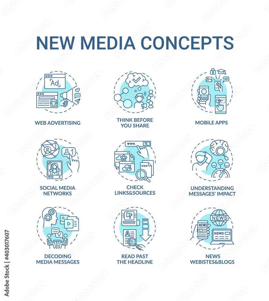New media concept icons set. Media literacy idea thin line RGB color illustrations. Checking links and sources. Thinking before sharing. Vector isolated outline drawings. Editable stroke
