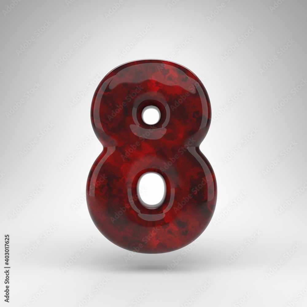 Fototapeta premium Number 8 on white background. Red amber 3D number with glossy surface.