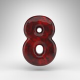 Number 8 on white background. Red amber 3D number with glossy surface.