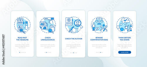 False news checking tips onboarding mobile app page screen with concepts. Checking author and links walkthrough 5 steps graphic instructions. UI vector template with RGB color illustrations
