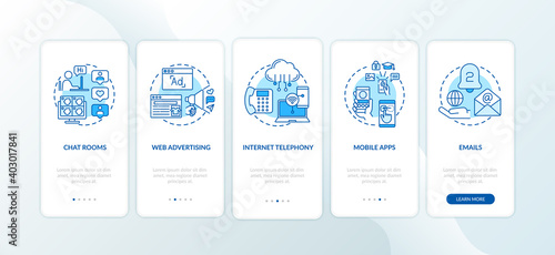 New media kinds onboarding mobile app page screen with concepts. Chatroom, internet telephony walkthrough 5 steps graphic instructions. UI vector template with RGB color illustrations
