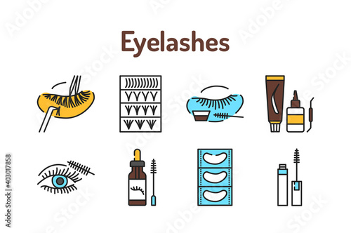Eyelashes service color line icons set. Pictograms for web page, mobile app, promo