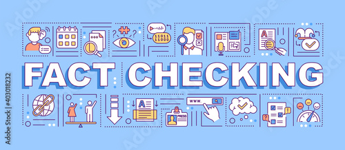 Fact checking word concepts banner. Mass media disinformation. Social network. Infographics with linear icons on blue background. Isolated typography. Vector outline RGB color illustration