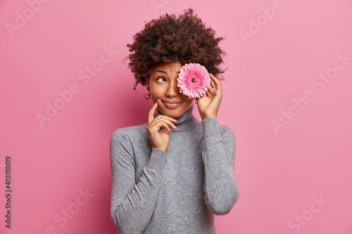 Doordachte donkere vrouw bedekt oog met roze gerbera glimlacht positief geniet van geurige bloem draagt casual grijze coltrui geïsoleerd over roze achtergrond. Peinzende vrouwelijke bloemist binnen