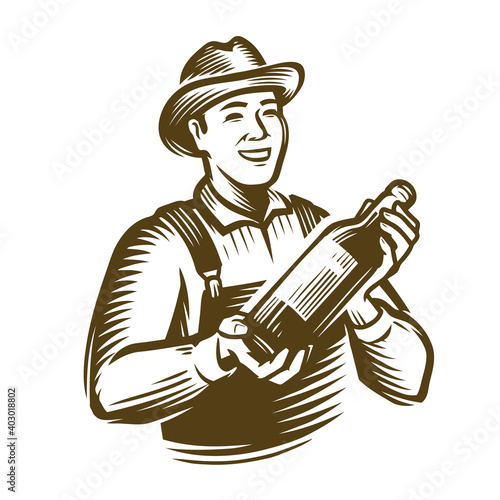 Farmer with a bottle in his hands. Sketch vintage vector illustration