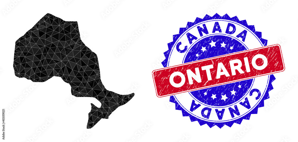 Obraz premium Ontario Province map polygonal mesh with filled triangles, and grunge bicolor stamp seal. Triangle mosaic Ontario Province map with mesh vector model, triangles have randomized sizes, and positions,