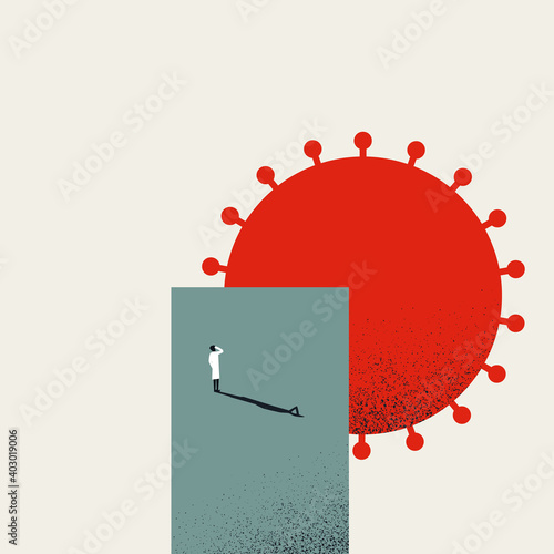 Corona virus or covid-19 research vector concept with scientist looking at virus. Medical, healthcare symbol.