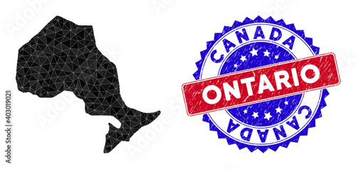 Ontario Province map polygonal mesh with filled triangles, and grunge bicolor stamp seal. Triangle mosaic Ontario Province map with mesh vector model, triangles have randomized sizes, and positions,