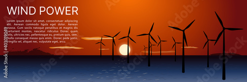 Banner of the force of the wind on the water at sunset or dawn. The concept of renewable, alternative wind energy. Space for text. Vector illustration, flat style