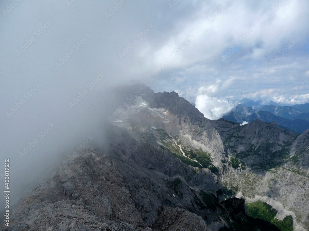 View from mountain Alpspitze via ferrata in Garmisch-Partenkirchen, Bavaria, Germany