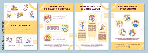 Child poverty brochure template. Children protection. Flyer, booklet, leaflet print, cover design with linear icons. Vector layouts for magazines, annual reports, advertising posters