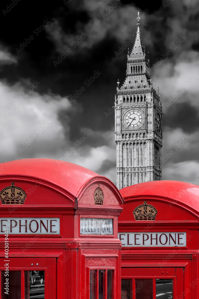 Obraz premium London symbols with BIG BEN and red Phone Booths in England, UK