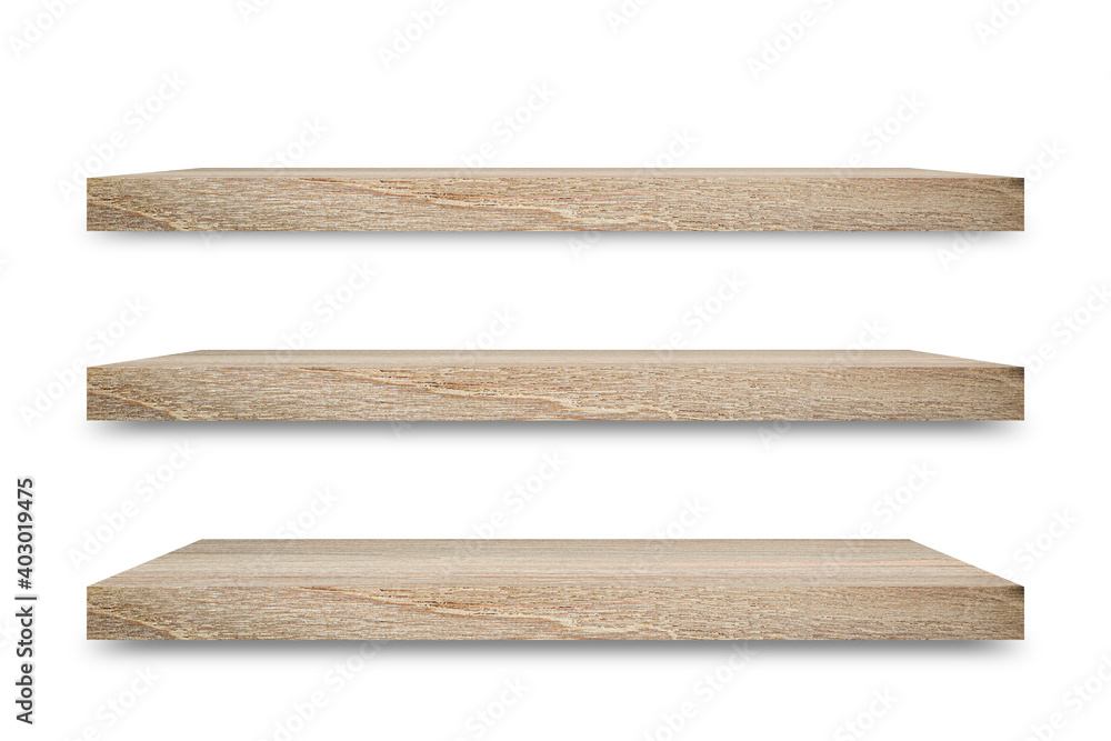 Shelf wooden isolated on a white background and display montage for the product Embed Clipping Path separate with black shadows.