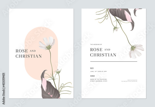 Floral wedding invitation card template design, white cosmos flowers with leaves