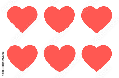 Set of red hearts flat icons.