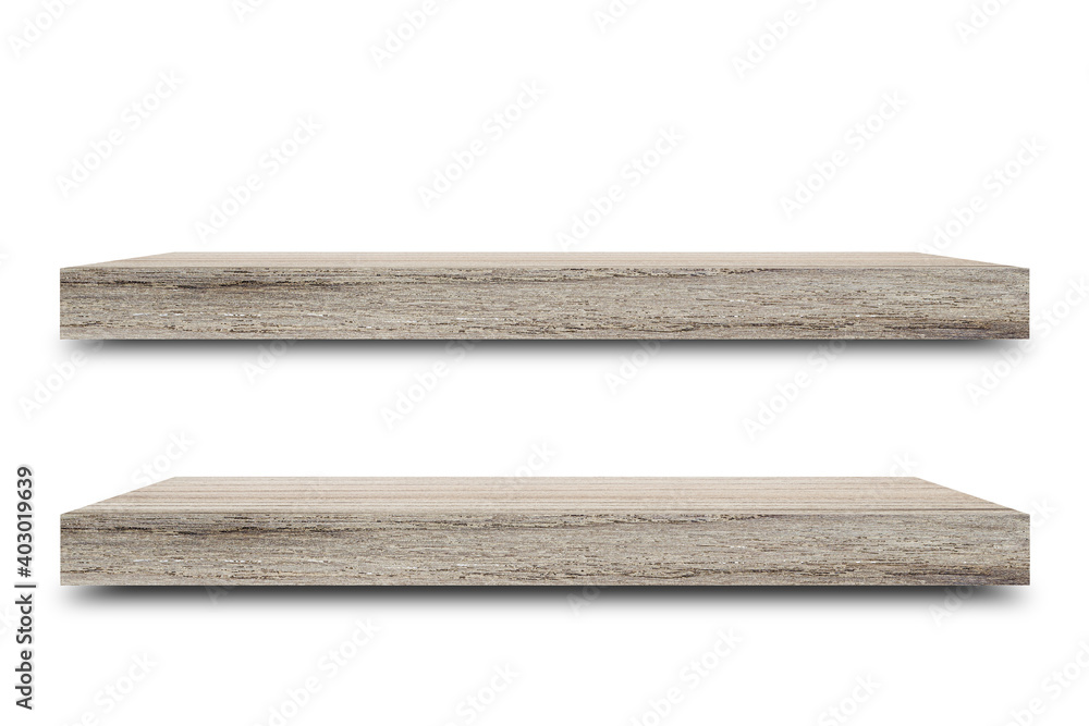 Shelf wooden isolated on a white background and display montage for the product Embed Clipping Path separate with black shadows.