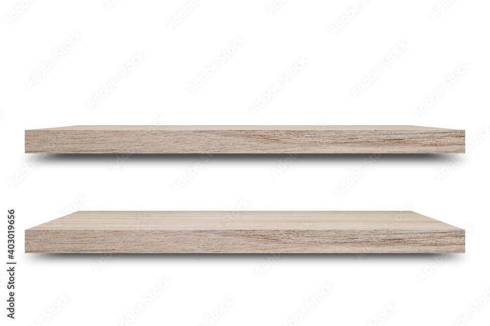Shelf wooden isolated on a white background and display montage for the product Embed Clipping Path separate with black shadows. Shelf wooden isolated on a white background and display montage for the product Embed Clipping Path separate with black shadows.