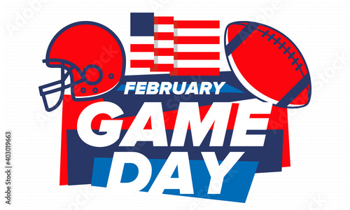 Game Day. American football playoff. Super Bowl Party in United States. Final game of regular season. Professional team championship. Ball for american football. Sport poster. Vector illustration