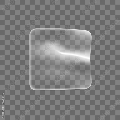 Transparent glued crumpled square sticker mock up. Blank adhesive transparent paper or plastic sticker label with curled and wrinkled effect. 3d realistic vector icon