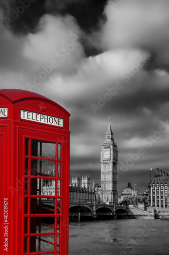 London symbols with BIG BEN and Red Phone Booth in England  UK