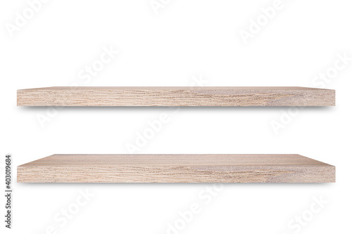 Shelf wooden isolated on a white background and display montage for the product Embed Clipping Path separate with black shadows.