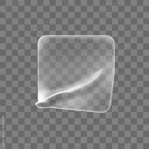 Transparent glued crumpled square sticker mock up. Blank adhesive transparent paper or plastic sticker label with curled and wrinkled effect. 3d realistic vector icon