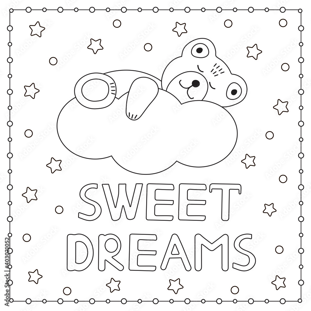 Sweet dreams. Cute bear sleeping on a cloud. Coloring page. Sweet dreams. Cute bear sleeping on a cloud. Coloring page.