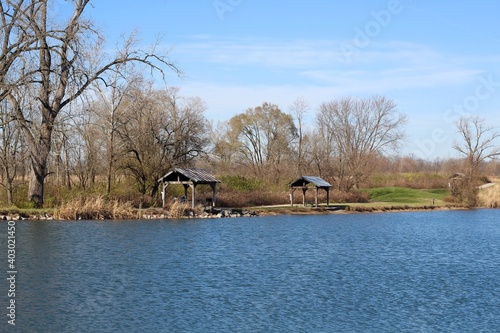 A peaceful beautiful view of the lake on a sunny day.