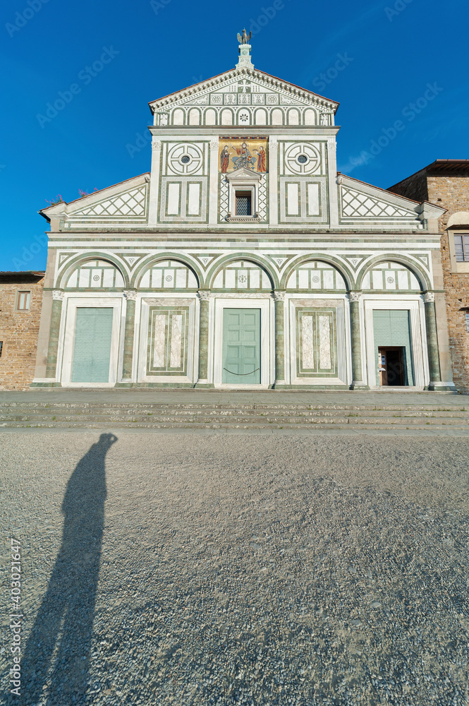 Church San Miniato al Monte in Florence, Italy. It is a basilica in Florence, Central Italy, standing atop one of the highest points in the city.