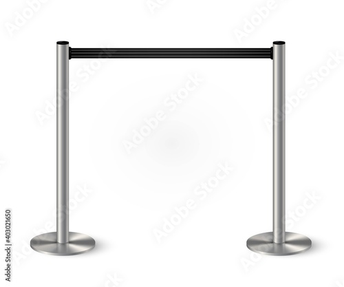 Belt barrier with stanchions and black rope. Security control metal pole posts vector illustration. Airport entry rails, zone chrome dividers, vip barricade on white background