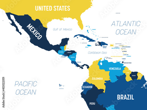 Central America map - brown orange hue colored on dark background. High detailed political map Central American and Caribbean region with country, ocean and sea names labeling