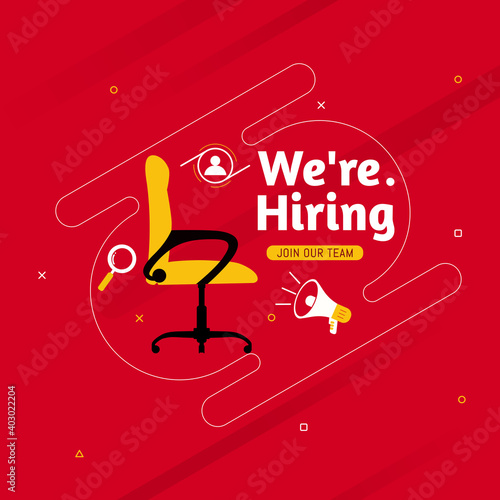 We're hiring with office chair.Business recruiting design concept. Job vacancy social media post template