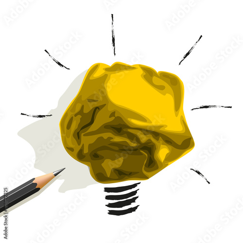 Concept de l’idée apportant une solution à un problème complexe, avec un crayon associé à une boulette de papier qui forme une ampoule éclairée.