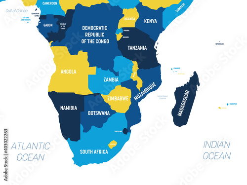 Southern Africa map - brown orange hue colored on dark background. High detailed political map of southern african region with country, ocean and sea names labeling
