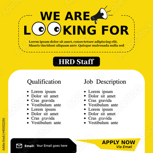 Announcement job vacancy templates. We are hire jobs for social media post. We are looking for text with eyes concept.