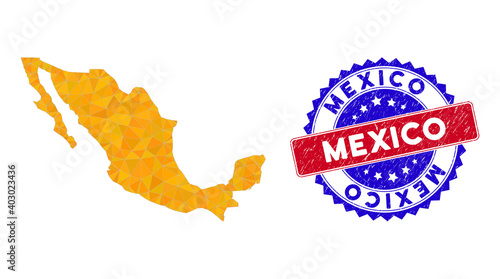 Mexico map polygonal mesh with filled triangles, and distress bicolor stamp seal. Triangle mosaic Mexico map with mesh vector model, triangles have various sizes, and positions, and color tints.
